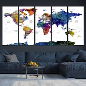 Colorful World Map Canvas Print, Framed Wall Art for Living Room, Ready ...