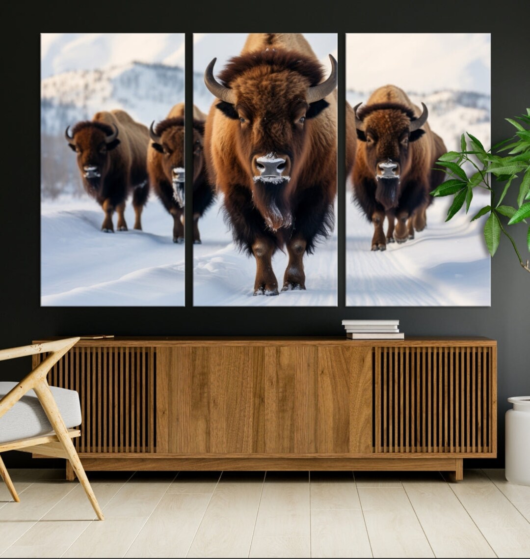 Bison Herd Black and White Wall Art - Rustic Wildlife Canvas Print for ...