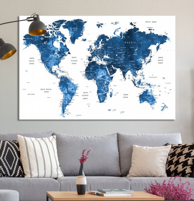 Large Blue Watercolor Push Pin World Map Wall Art Canvas Print for Home ...
