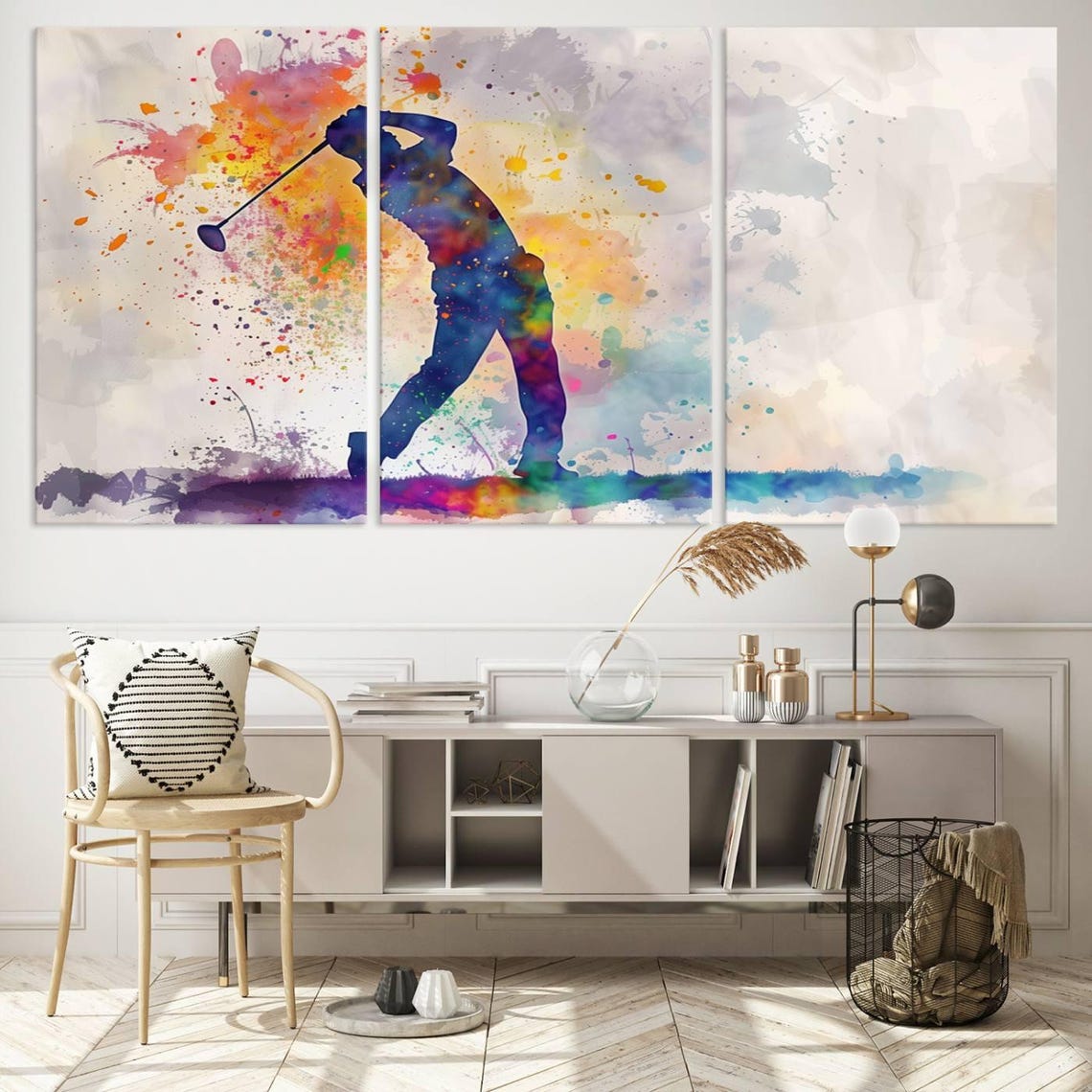 Watercolor Golf Player Watercolor Triptych Canvas Wall Art, Abstract ...