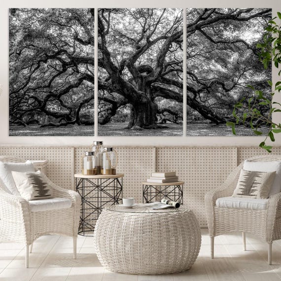 Black White Oak Tree Forest Wall Art Canvas Print, Dry Tree Oak