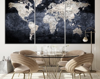 Grunge azul/negro Push Pin mapa del mundo pared arte impresión, mapa del mundo de color grunge en el conjunto de arte de la pared del lienzo, viajero amado mapa del mundo pared arte impresión