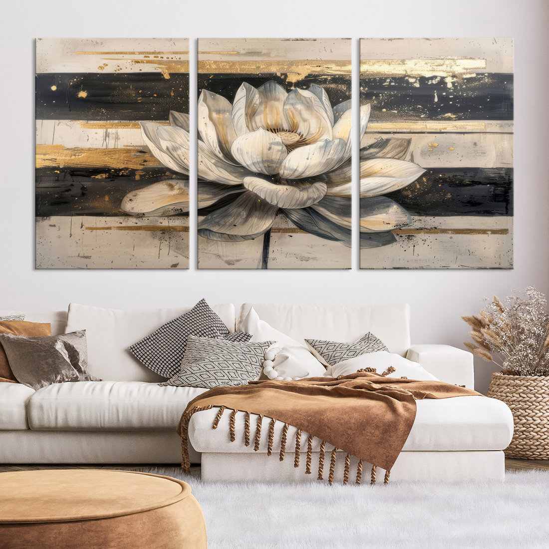 White Lotus Flower Painting Wall Art Canvas Print, Floral Canvas Print ...