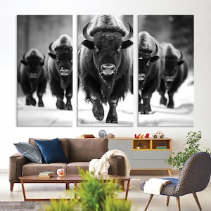 American Bison Herd Black and White Wall Art - Rustic Wildlife Canvas ...