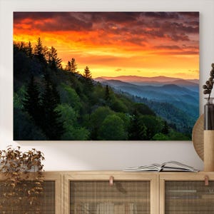 Sunset Mountain Forest Wall Art Canvas Print, Forest Sunset Print ...