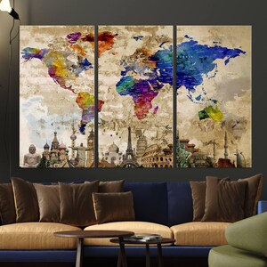 Impression d'art mural sur toile carte du monde, carte du monde colorée, carte avec punaises, art mural moderne, carte du monde détaillée, cadeau de voyageur, art mural de salon