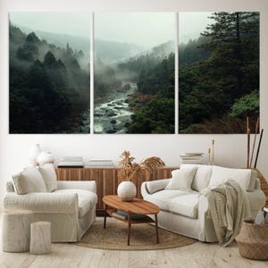 Misty Forest River Canvas Wall Art - 3 Piece Nature Landscape Wall Art ...