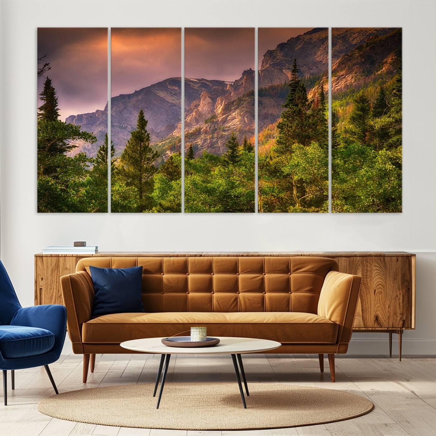 Majestic Mountain Sunrise Triptych Canvas Print, Forest Tree Wall Art ...