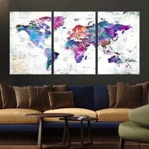 Kleurrijke levendige wereldkaartafdruk, wereldkaart met meerdere panelen, ingelijste klaar om op te hangen print, woonkamerdecor, canvas wereldkaart, reisdecor