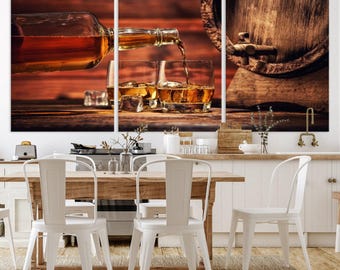Whiskey Wall Art Canvas Print for Bar Decor, Cigar and Whiskey on Canvas, Large Canvas Set of 3 Piece Art, Bourbon Print, Bourbon Artwork