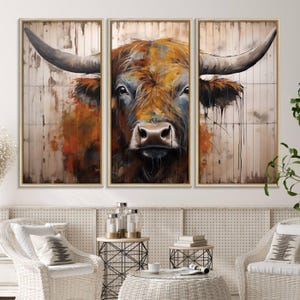 Highland Cow Canvas Print For Farmhouse Decor - Abstract Cattle Wooden Background Cow Art Print