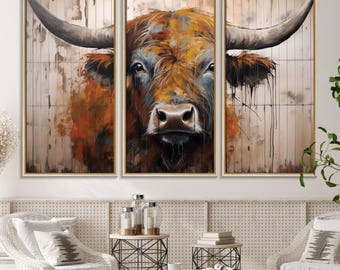 Highland Cow Canvas Print For Farmhouse Decor - Abstract Cattle Wooden Background Cow Art Print