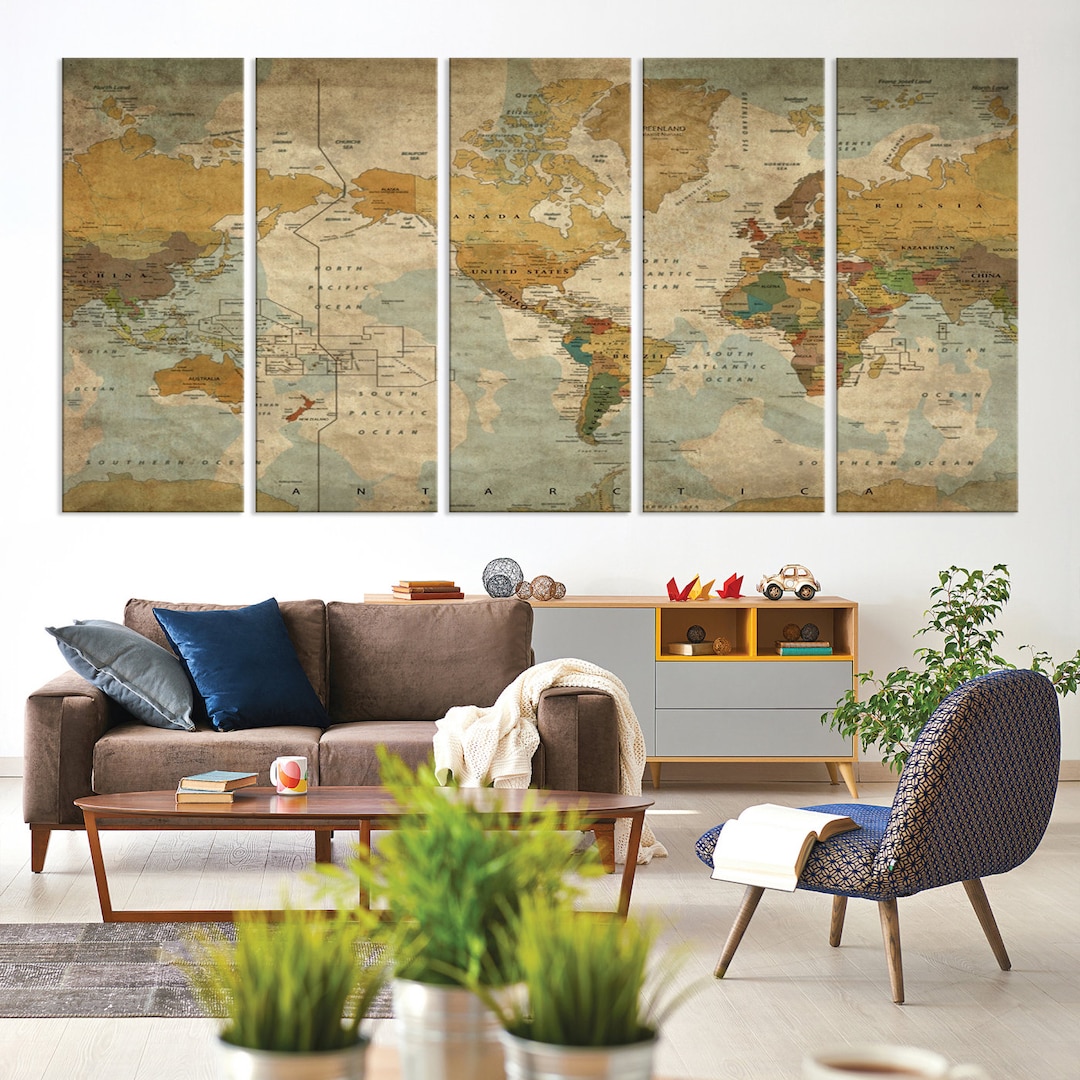 Large Wall Art Old Classic Vintage World Map Canvas Print Framed and ...