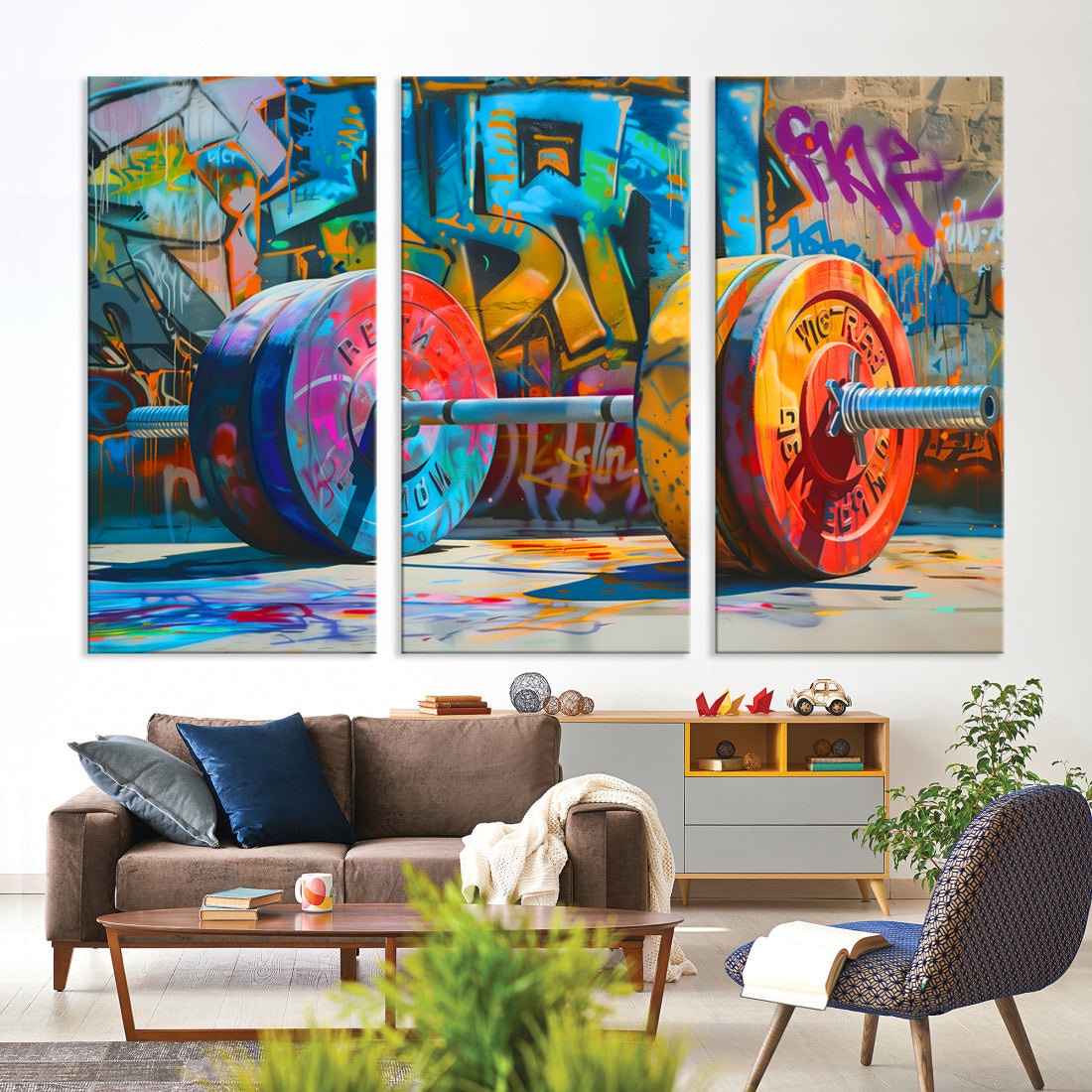 Fitness Wall Decor | Gym Canvas Wall Art | Barbell Graffiti Print