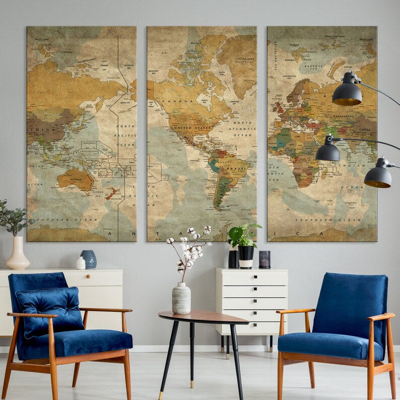 Large Wall Art Old Classic Vintage World Map Canvas Print Framed and ...