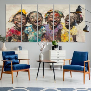 Shai Yossef style canvas wall art featuring joyful African kids in an impasto painting with bold brushstrokes, framed and ready to hang for playroom, kids' room, or nursery decor.