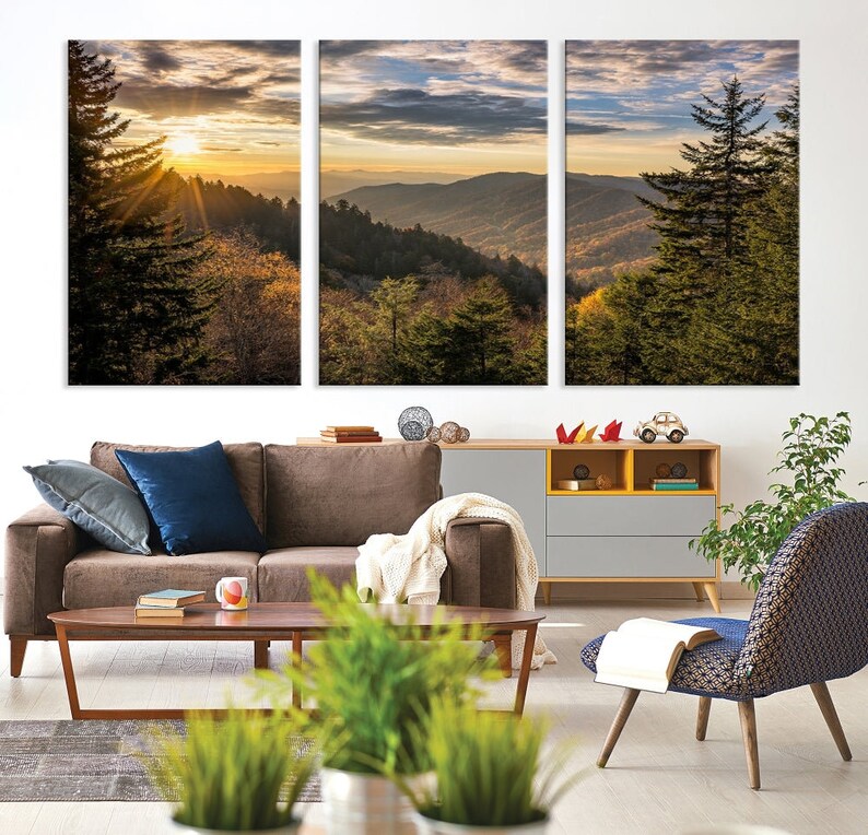 Sunrise in the Smoky Mountains Canvas Print | Landscape Wall Art | Sunset Mountain Forest Large Wall Art Canvas Print for Living Room Decor