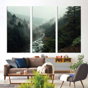 Misty Forest River Canvas Wall Art - 3 Piece Nature Landscape Wall Art ...