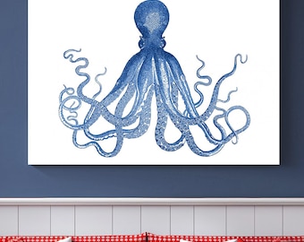 Abstract Octopus Wall Art Canvas Print, Blue Octopus Triptych Kraken Large Wall Art, Lord Bodner Octopus, Nautical Print, Coastal Chic Decor
