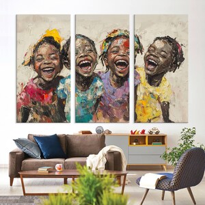 Shai Yossef style canvas wall art featuring joyful African kids in an impasto painting with bold brushstrokes, framed and ready to hang for playroom, kids' room, or nursery decor.