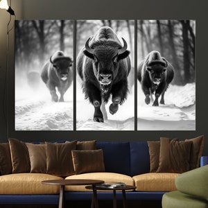 Buffalo Wall  Art Print - American Bison Decor for Farmhouse - Rustic Canvas Wall Art, Ready to Hang in Black White Bison Canvas Print