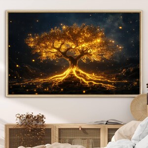 Golden Tree of Life Canvas Wall Art Print - Majestic Glowing Tree Design for Living Room, Office, or Bedroom, Nature Tree Wall Decor Art