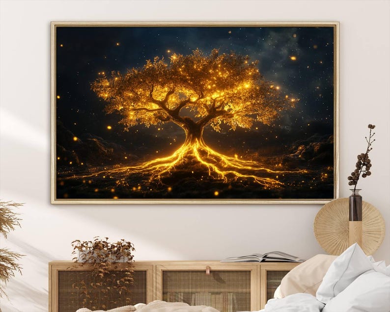 Golden Tree of Life Canvas Wall Art Print - Majestic Glowing Tree Design for Living Room, Office, or Bedroom, Nature Tree Wall Decor Art