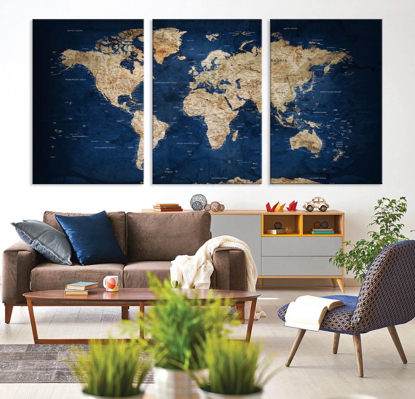 Navy Blue Detailed World Map Wall Art Canvas Print - Brown Blue Map on ...