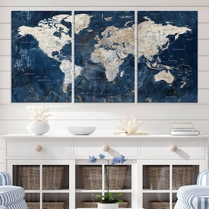 Large 3-panel Blue World Map Canvas Print with detailed continents, framed wall art perfect for living rooms, offices, and travel enthusiasts. Ready to hang for easy setup.