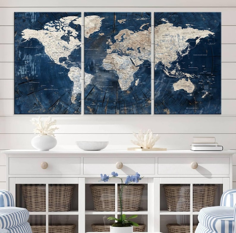 Large 3-panel Blue World Map Canvas Print with detailed continents, framed wall art perfect for living rooms, offices, and travel enthusiasts. Ready to hang for easy setup.