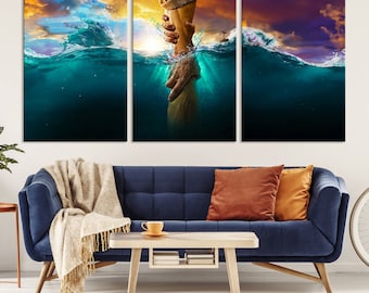 God&#39;s Hands Modern Christian art print Jesus Hand In Water canvas wall art Abstract Bible verse art Living room decor