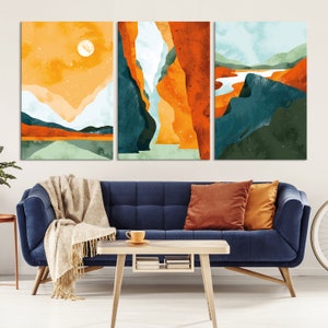 Boho Canvas Print Wall Art Minimalist Bohemian Sun Orange Mountain Abstract Illustrations Minimalist Modern Mid Century Modern Artwork