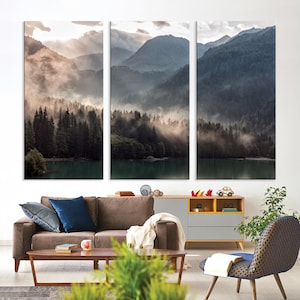 Foggy Mountain canvas print Forest Large canvas art Nature wall art Mountain Lake Living room decor Tree print