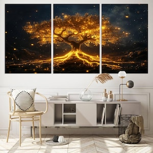 A large 3-panel canvas wall art depicting a luminous tree of life with glowing golden branches and roots against a dark, starry background. Mystical decor for living spaces.