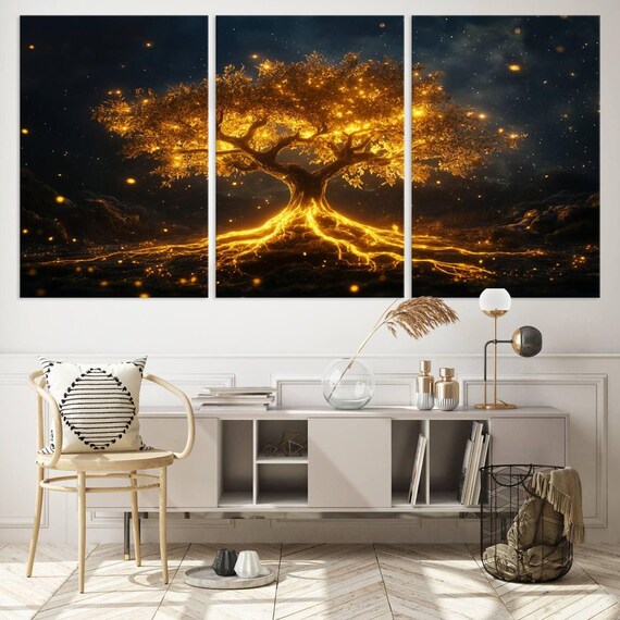 Golden Tree of Life Canvas Wall Art, Tree Of Life Print, Tree Of Life Decor, Living Room Decor, Home Gift, Norse Mythology Art, Yggdrasil