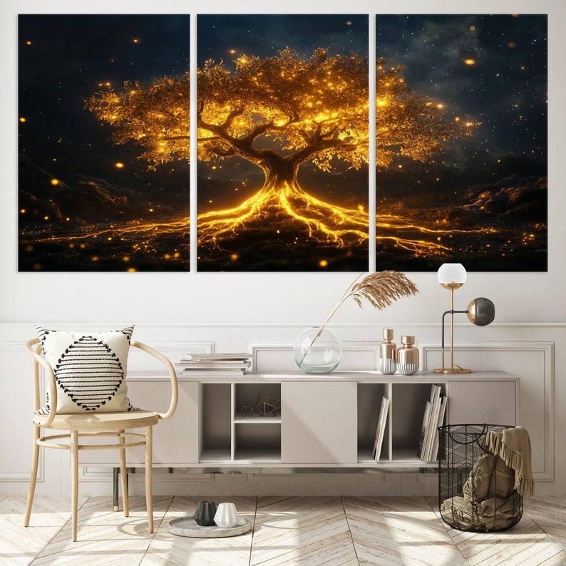 A large 3-panel canvas wall art depicting a luminous tree of life with glowing golden branches and roots against a dark, starry background. Mystical decor for living spaces.
