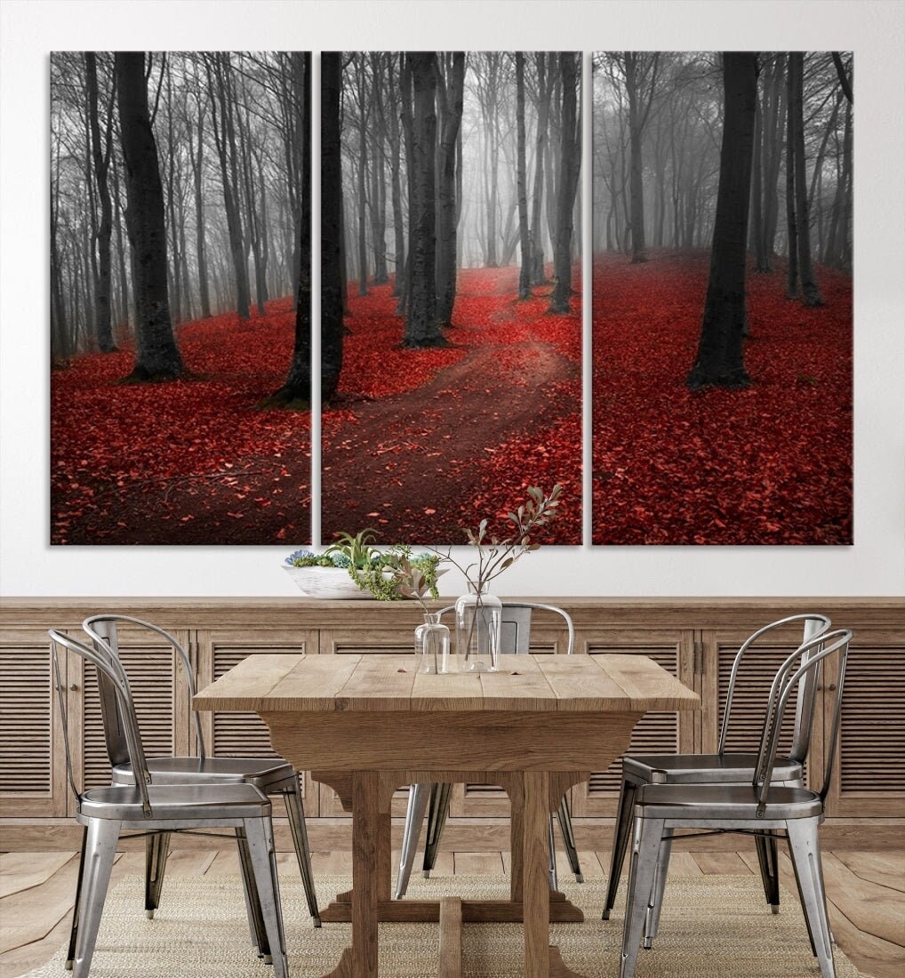 ミスティ レッド フォレスト 3 パネル ウォール アート - 秋の小道