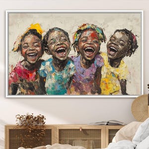 Shai Yossef style canvas wall art featuring joyful African kids in an impasto painting with bold brushstrokes, framed and ready to hang for playroom, kids' room, or nursery decor.