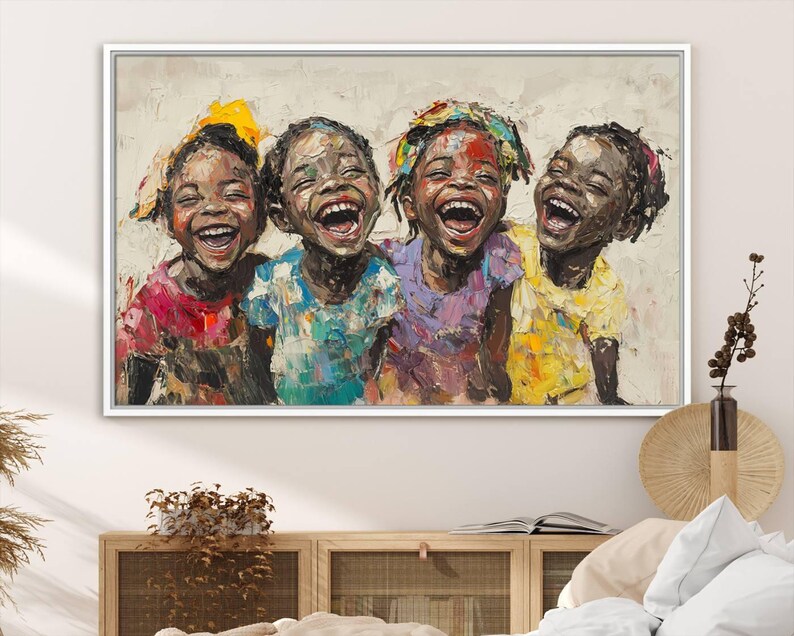 Shai Yossef style canvas wall art featuring joyful African kids in an impasto painting with bold brushstrokes, framed and ready to hang for playroom, kids' room, or nursery decor.