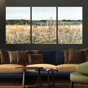 Set of Three Wildflower Field Landscape Oil Painting Large Wall Art Print, Framed Canvas Nature Wall Decor, Rustic Country Landscape Print