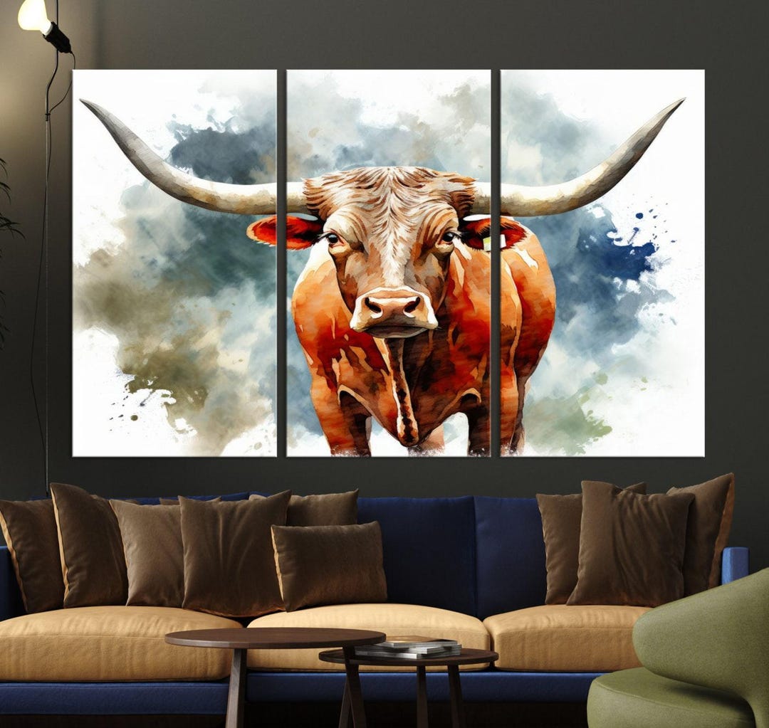 Watercolor Texas Longhorn Cow Wall Art Canvas Print, Abstract Cattle ...