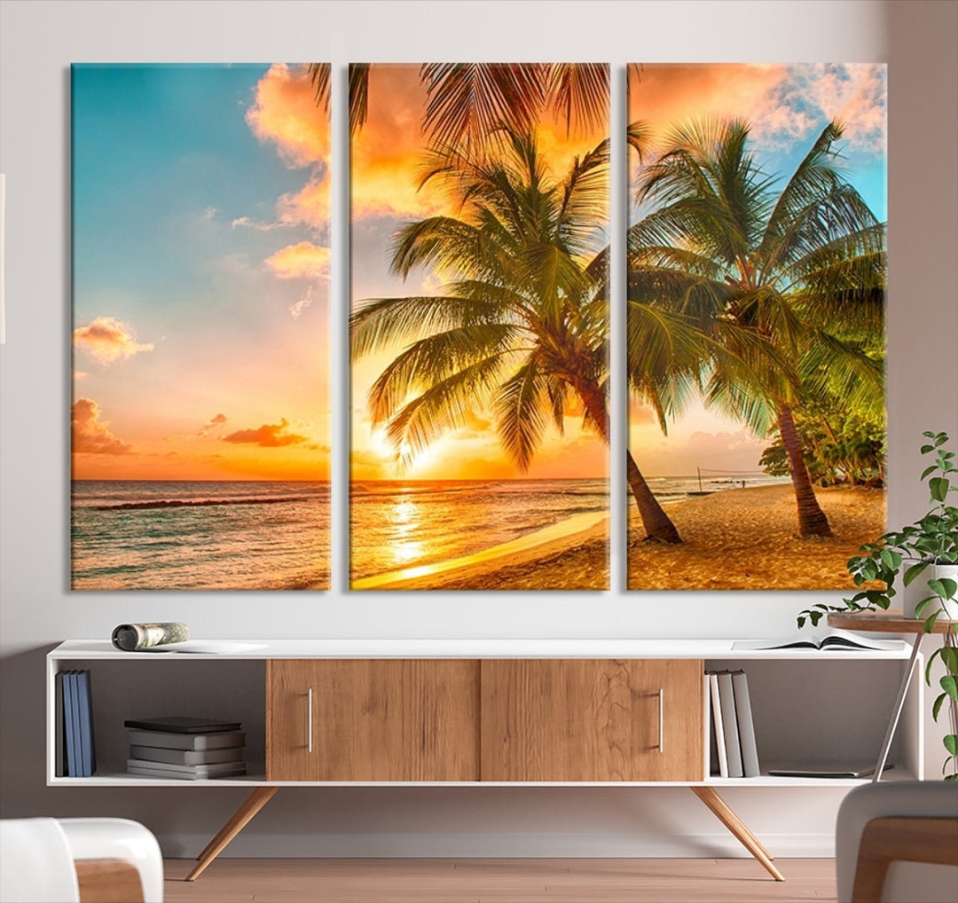 Tropical Sunset Palm Tree Canvas Print - 3 Piece Coastal Wall Art - Etsy