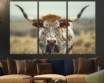 Texas Longhorn Cow Canvas Print – Rustic Farmhouse Triptych Wall Art