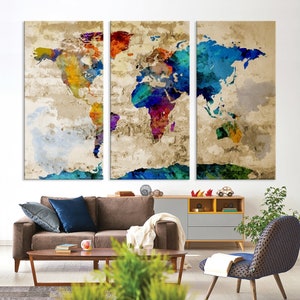 Impression sur toile de carte du monde à l'aquarelle, grande carte d'art murale de carte du monde, grande conception pour la décoration de salon et d'art mural de bureau, excellente idée cadeau