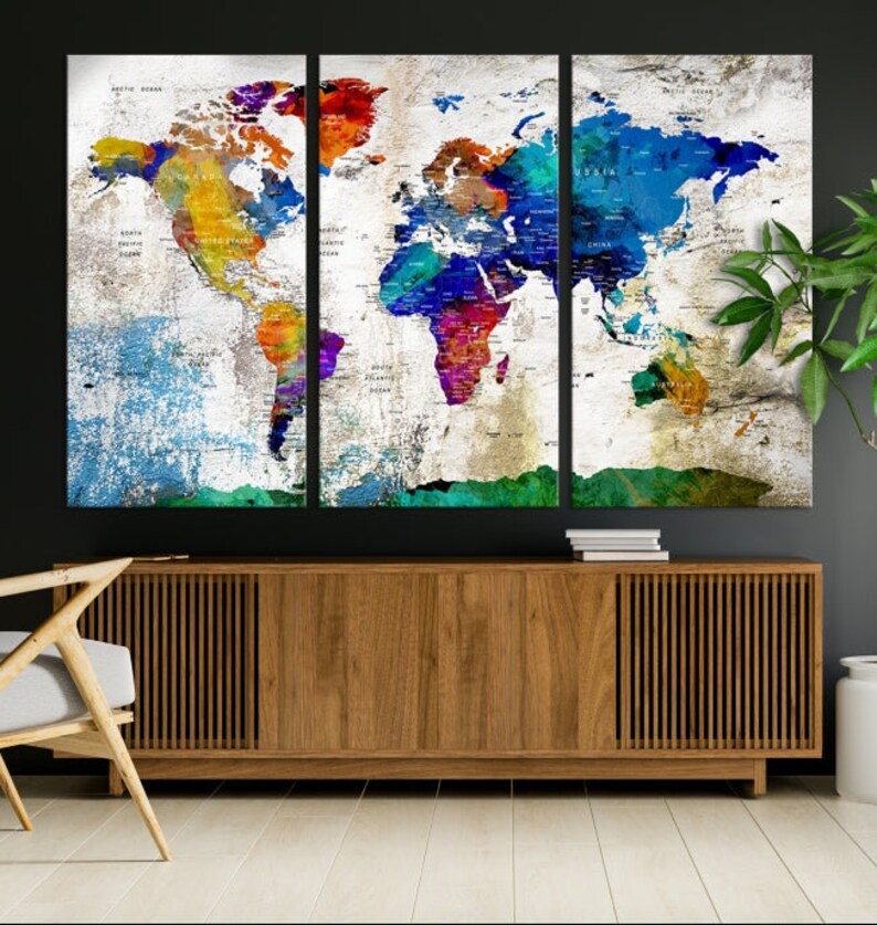 Large Wall Art World Map Canvas Print for Home and Office Room Decor ...