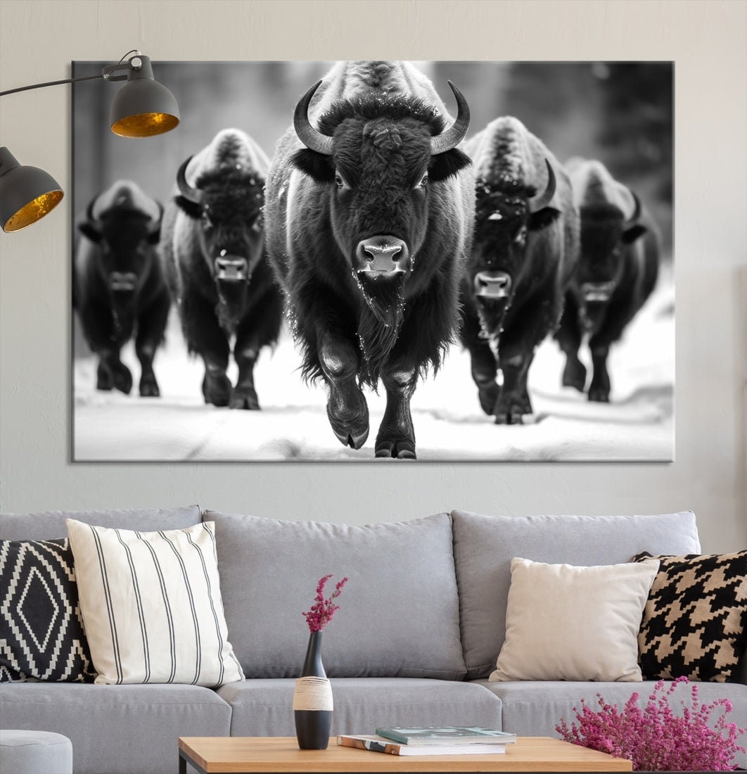 American Bison Herd Black and White Wall Art - Rustic Wildlife Canvas ...