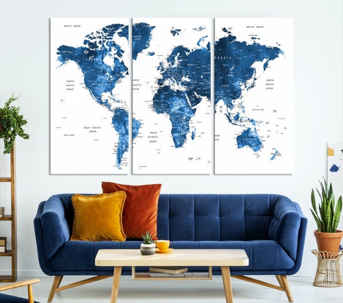 Large Blue Watercolor Push Pin World Map Wall Art Canvas Print for Home ...
