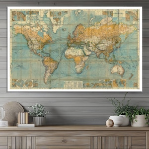 Gerardus Mercator 1873 Chart of the World on Vintage World Map Wall Art Canvas Print, Historical World Exploration Map, Antique Map Print