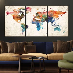 Arte mural con mapa del mundo vibrante ~ Impresión en lienzo con mapa del mundo, mapa del mundo de varios paneles, arte listo para colgar, mapa del mundo enmarcado, decoración de oficina, mapa colorido