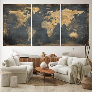 Grote wereldkaart canvas, grunge wereldkaart, vintage wereldkaart, boerderij muurkunst, wereldkaart afdrukken, kaart met meerdere panelen, wanddecoratie kantoor, studie